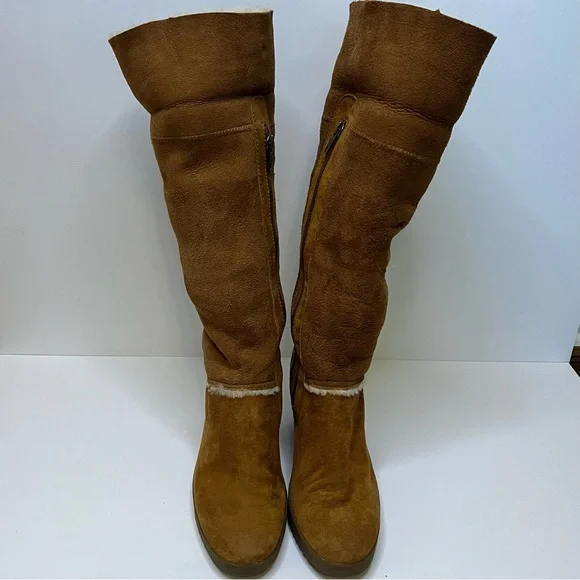 UGG Women's Sandra S/N 5449 Tan Leather Shearling Tall Wedge Boots Size 8 - Picture 9 of 16